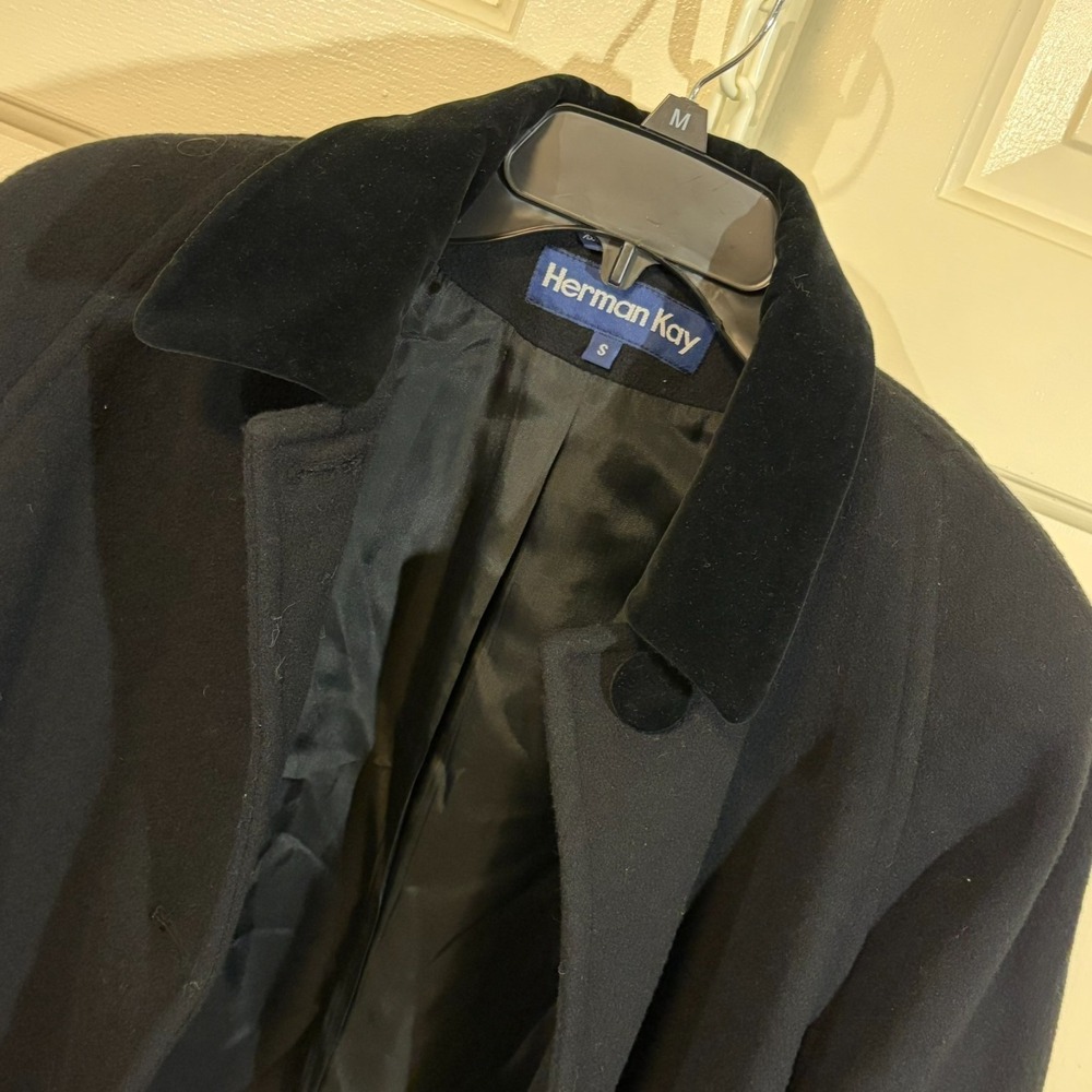 Vintage Herman Kay Black 100% Wool Velvet Trim Hood Size S Classic Old‎ Money